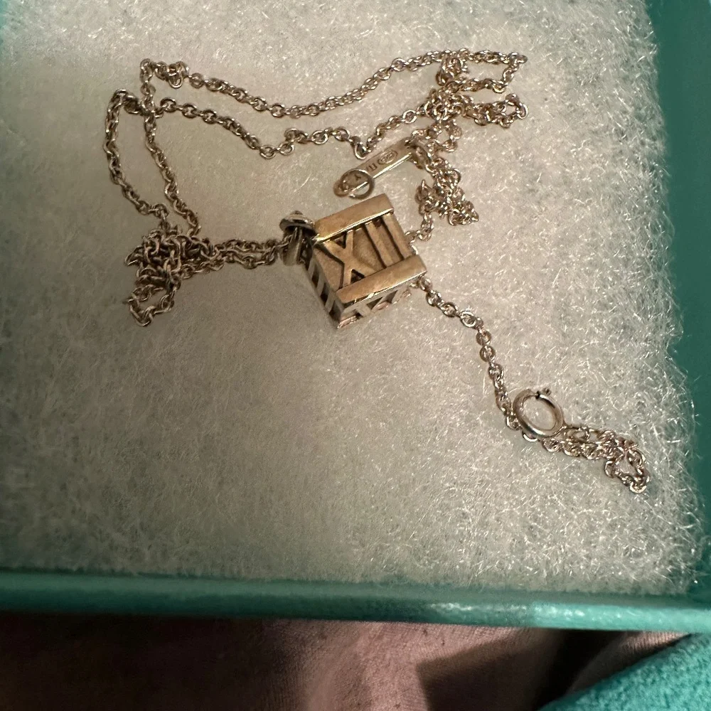 Tiffany & Co. Atlas Cube Roman Numerals Pendant Necklace in Sterling Silver 16" - Picture 2 of 3